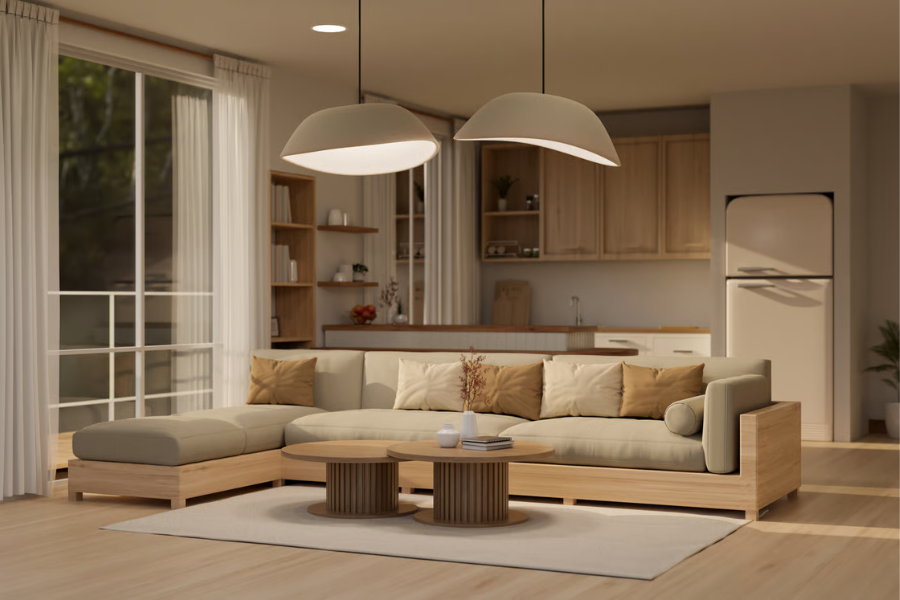 desain rumah skandinavia dengan warna terang dan material kayu